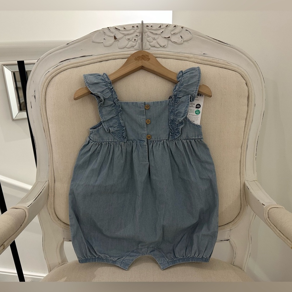 🤍 18 Mth Chambray Bubble Onesie Baby Romper With Ruffles NWT
